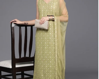 Indian Party Wear Dress For Women, Olive Green Ethnic Motifs Embroidered Sleeveless Kurta With Trouser With Dupatta, Indian Wedding Dress