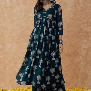 Party Wear Dress Salwar Kameez Dupatta Set - Teal Green Floral Printed Kurta With Palazzo - Georgette Kurta Set - Wedding Wear Salwar Suit