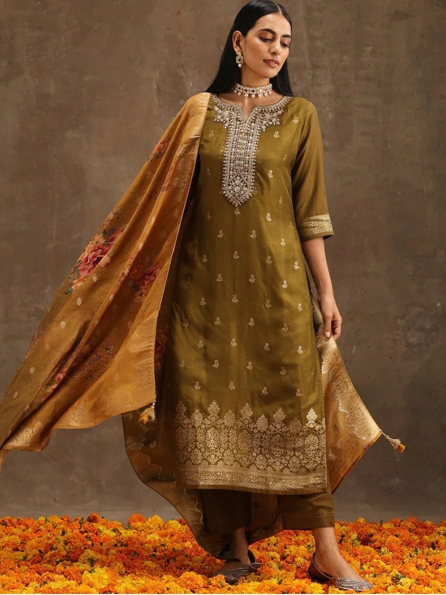 Olive Green - Plain Slub Silk Long Straight Kurta