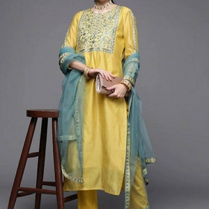 Indian Dress For Women - Yellow Ethnic Motifs Embroidered Kurta With Trousers & Dupatta - Salwar Kameez Set - Indian Party Wear Dress