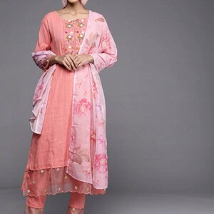 Indian Dress For Women - Pink Floral Yoke Design Embroidered Kurta With Trousers & Dupatta - Salwar Kameez Set - Indian Party Wear Dress
