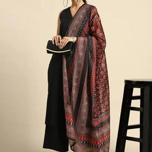 100% Pure Cotton Kurta Set -    Black Ethnic Motifs Kurta With Plazzos & Dupatta - Indian Dress For Women - Salwar Kameez Set