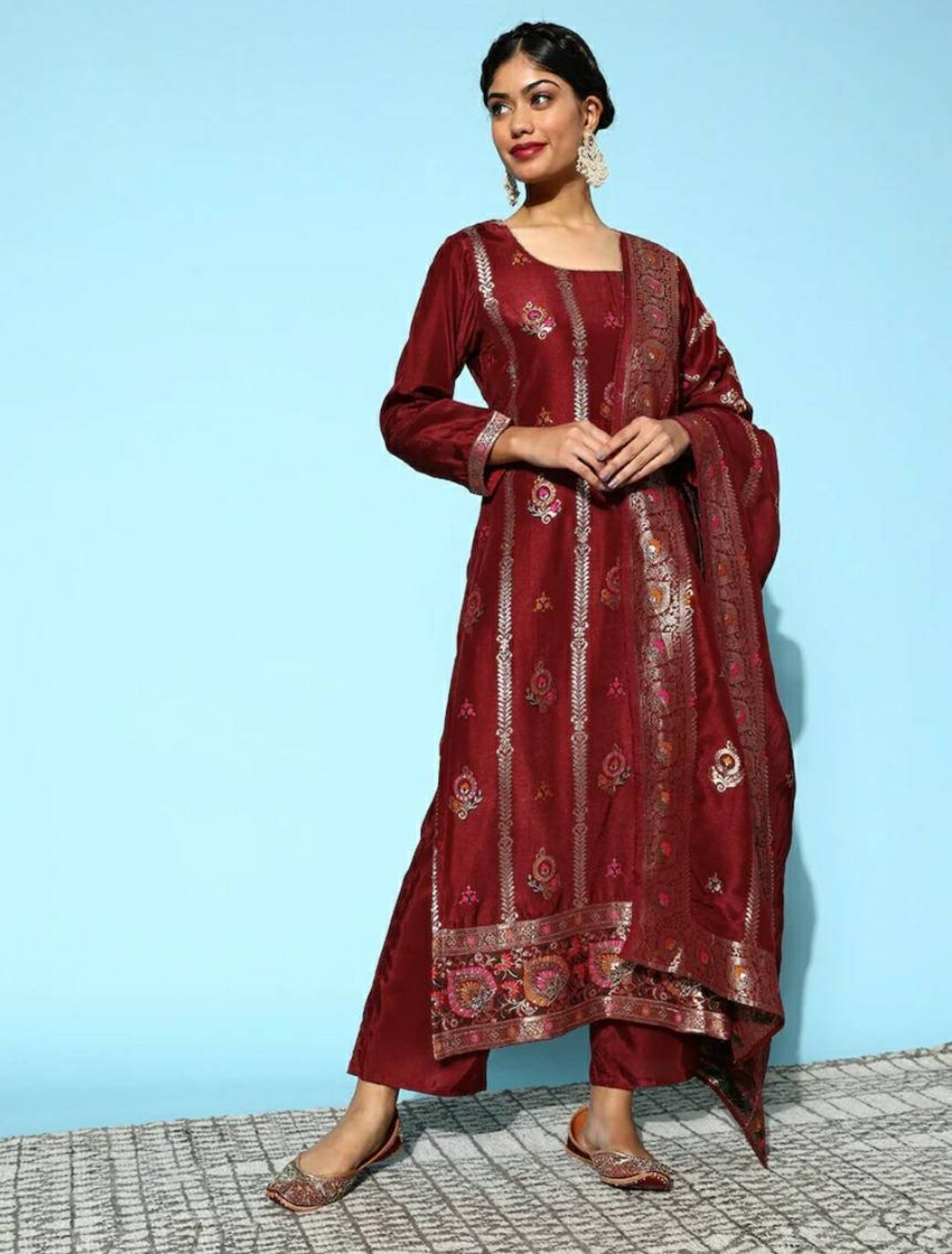 Indian Party Wear Dress for Women Maroon Embroidered Silk Kurta With