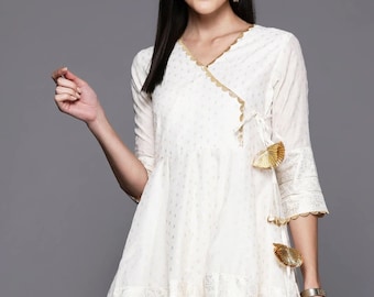 Indian Party Wear Dress For Women - Off White & Gold Silk Kurti For Women - Short Kurta Dress - Indian Tunic Top - Ethnic Wear - XXS Blouse
