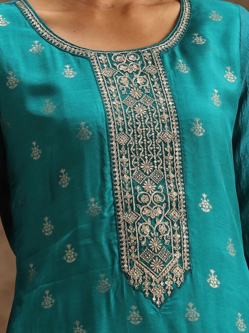 Tranquil Teal Silk Festive Gown Kurta with gotta detail dupatta main image 0