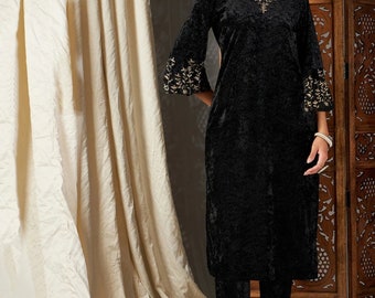 Indian Party Wear Dress For Women - Black & Gold Embroidered Velvet Kurta - Kurtis For Women - Kurta Dress - Indian Tunic Top - Ethnic Wear