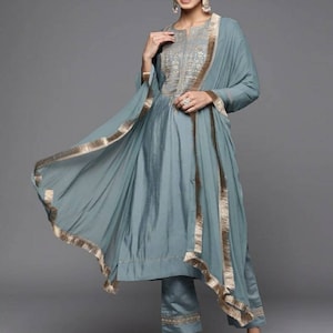 Indian Dress For Women - Grey Ethnic Motifs Gotta Patti Kurta With Trousers & Dupatta - Salwar Kameez Set - Indian Party Wear Dress