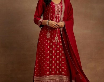 Indian Party Wear Dress For Women - Pink Zari Embroidered Silk Kurta With Palazzos & Dupatta - Salwar Kameez Set - Ethnic Set - Indian Dress