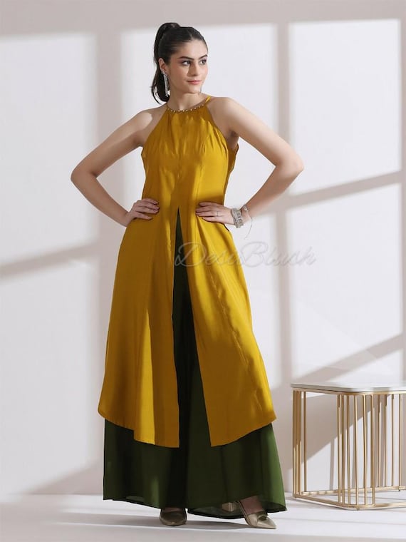 Mustard Halter Neck Kurta Set with Palazzo - Festive Party Wear Suit - Indo Western Elegant Indian Outfit Women - Minimalist Ethnic Dress