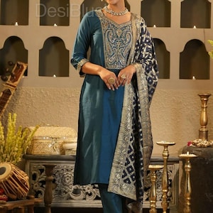 Indian Dress For Women - Blue and Gold Yoke Design Zari Kurta With Trousers & Dupatta - Salwar Kameez Set - Indian Party Wear Dress
