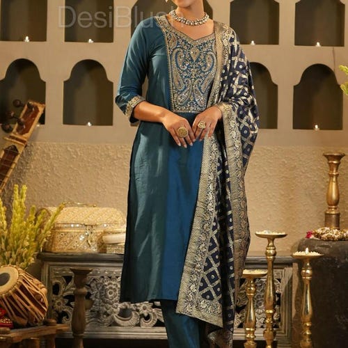 Indian Dress For Women - Blue and Gold Yoke Design Zari Kurta With Trousers & Dupatta - Salwar Kameez Set - Indian Party Wear Dress