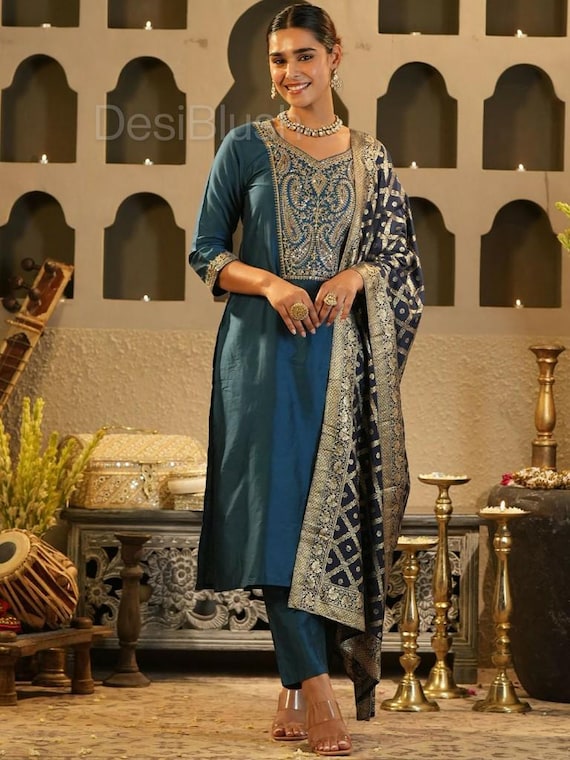 open lace back dress Teal Designer Embroidered Fandy Silk Indian Gown Set