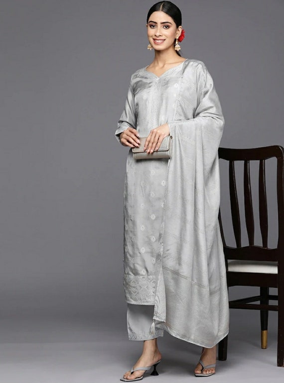 Buy Indian Party Wear Dress for Women - Grey Embroidered Silk Kurta With  Trousers & Dupatta - Salwar Kameez Set - Ethnic Set - Indian Dress Online  in India - Etsy