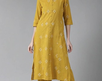 Cotton Kurta Sets - Mustard Yellow Ethnic Motifs Embroidered Mirror Work Pure Cotton Kurta With Salwar - Indian Dress - Salwar Kameez