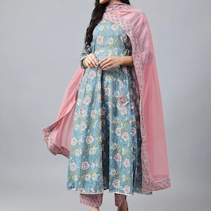 May include: A blue floral print dress with a pink dupatta. The dress has a round neckline and three-quarter sleeves. The dupatta has a lace border and is made of a sheer fabric.