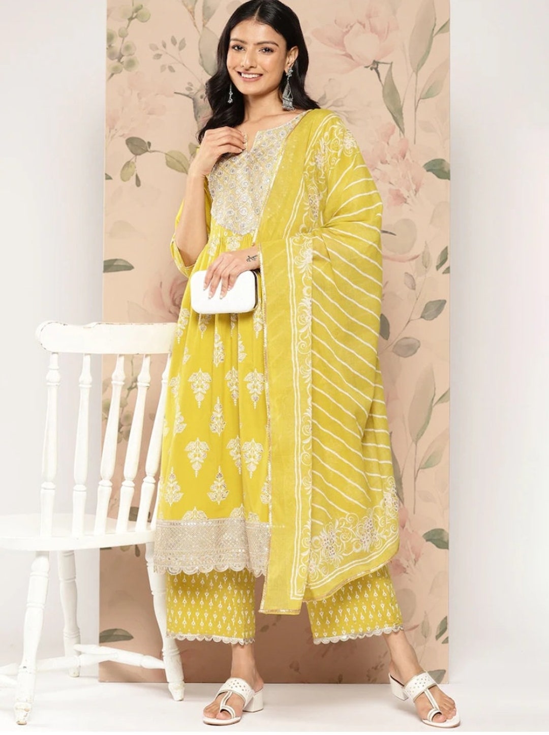 Yellow Textured Cotton Sleeveless Straight Kurta with Palazzos and Striped Dupatta Set