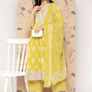 Conjuntos Kurta de algodón puro para mujer - Diseño de yugo amarillo Kurta con abertura alta con palazzo y dupatta - Conjunto Kurta de ropa de verano - Vestido indio - Fiesta