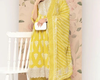 Pure Cotton Kurta Sets For Women - Yellow Yoke design High Slit Kurta With Palazzo & Dupatta - Summer Wear Kurta Set - Indian Dress - Party