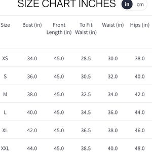 May include: Size chart in inches for clothing with measurements for bust, front length, to fit waist, waist, and hips.
