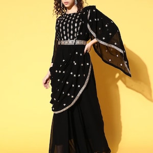 Party Wear Dress For Women Black Ethnic Motifs Embroidered Maxi Dress With Attached Dupatta Indo Western Ethnic Set Indian Wedding Wear
