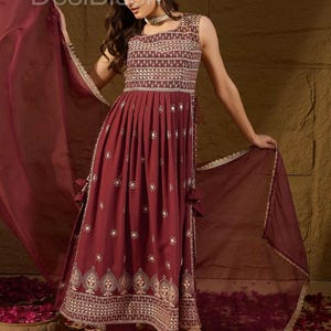Indian Party Wear Dress For Women - Burgundy Embroidered Sleeveless Kurta With Trouser - Indian Wedding Dress - Anarkali Gown Dress