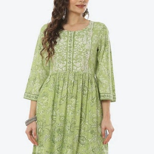 Indian Tunics For Women - Green Ethnic Motifs  Printed Empire Kurta - Kurti For Women - Short Kurta Top - Summer Tops Tees