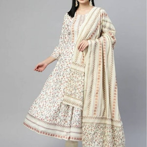 Anarkali Kurta Set - Off White Floral Printed Panelled Pure Cotton Kurta With Plazzos & Dupatta - Indian Dress - Party Wear kurta Set