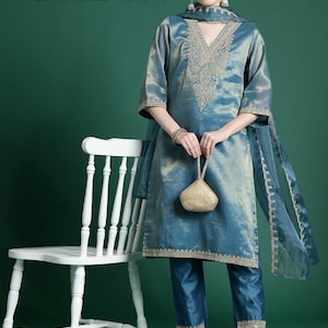 Silk Kurta Sets For Women - Blue Silk Kurta With Trousers & Dupatta - Indian Party Wear - Salwar Kameez Set - Ethnic Set - Indian Dress