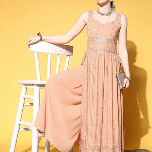 Indian Party Wear Dress For Women, Peach Ethnic Motifs Embroidered Sleeveless Kurta With Palazzos, Indian Wedding Dress, Anarkali Gown Dress