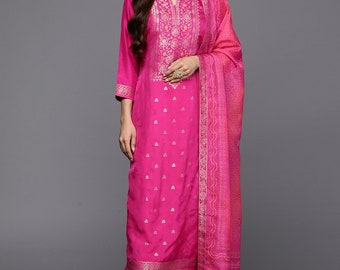 Indian Party Wear Dress - Magenta Zari Embroidered Silk Kurta With Trousers & Dupatta - Salwar Kameez - Wedding Wear Salwar Suit