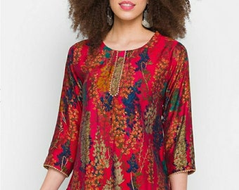 Tunics For Women - Red & Blue Printed Straight Kurti - Summer Tops Tees - Boho Hippie Tops - Short Kurta Women - Kurtis For Women -Kurta