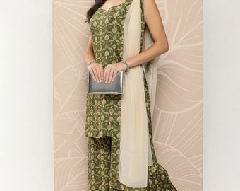 Indian Party Wear Dress For Women - Green & Beige Silk Printed Sleeveless Kurta With Sharara - Indian Wedding Dress - Pakistani Salwar Suits