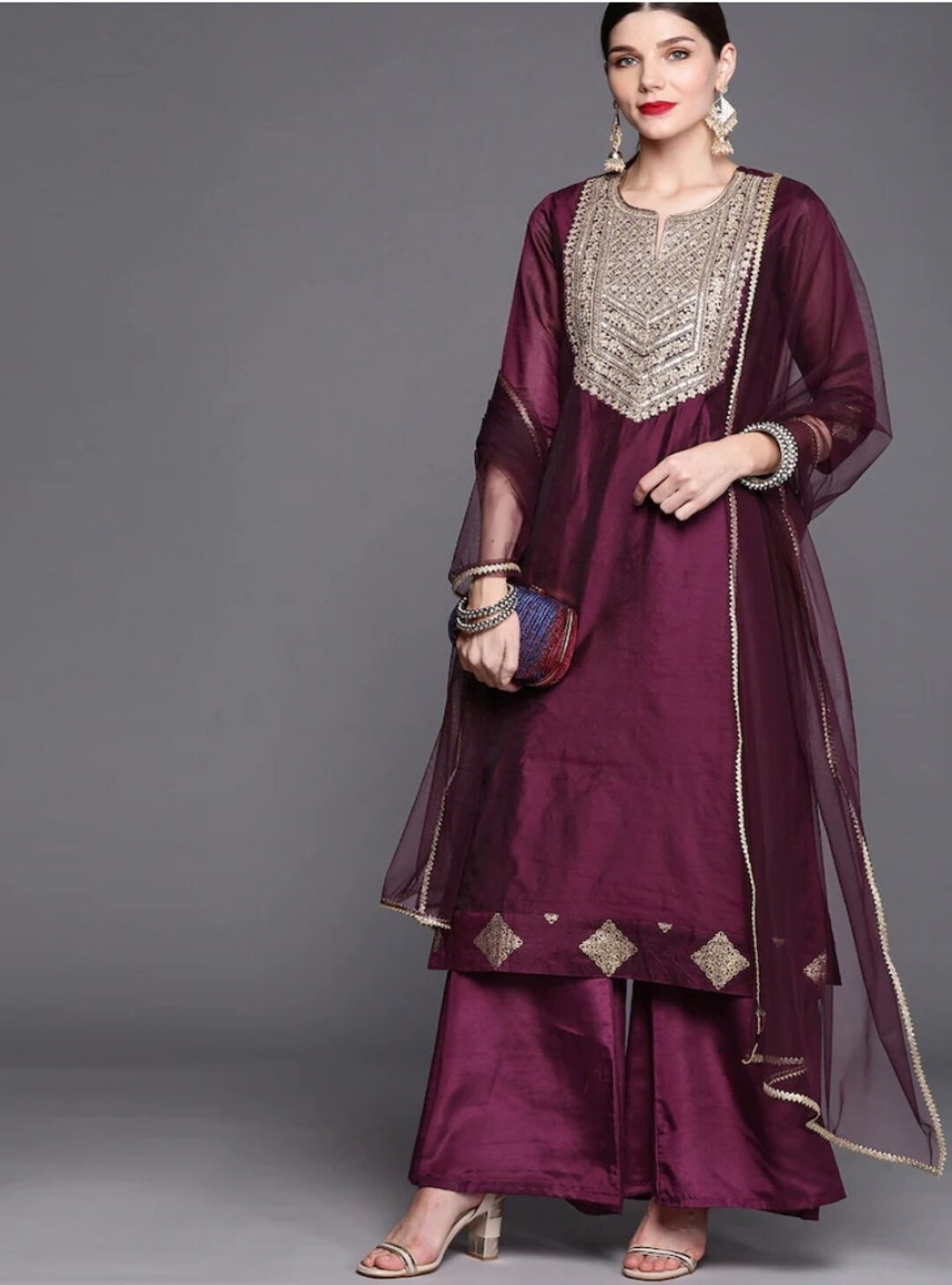 Solid Purple Half Sleeve Cotton Kurta And Palazzo With Printed Dupatta main image 0