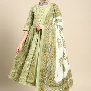 Pure Cotton Kurta Sets For Women - Green Ethnic Motifs Printed Empire Kurta With Trouser & Dupatta - Summer / Office Wear - Indian Dress