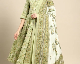 Set Kurta in puro cotone per donna - Kurta stile impero stampato con motivi etnici verdi con pantaloni e dupatta - Abbigliamento estivo/da ufficio - Abito indiano