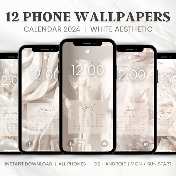 2024 Phone Kalender Wallpapers | Lockscreen Calendar | iPhone Wallpaper weiß Aesthetic Hintergrund | Montag + Sonntag Start