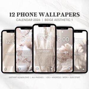 Phone Calendar Wallpapers 2026 | Lockscreen Calendar | iPhone Wallpaper | Beige Aesthetic Background | Sunday Start + Monday Start