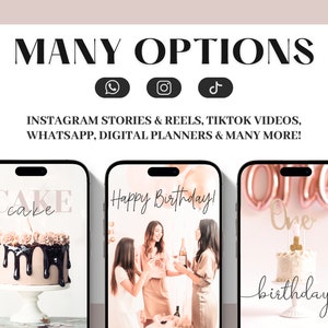 May include: Three phone screen mockups with different designs. The first mockup shows a chocolate cake with pink frosting and the text "Cake" in a pink font. The second mockup shows two women celebrating a birthday with the text "Happy Birthday!" in a pink font. The third mockup shows a cake with a gold "One" topper and the text "birthday" in a pink font.