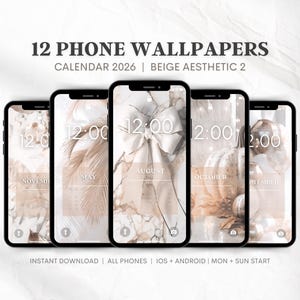 2026 Phone Kalender Wallpapers | Lockscreen Calendar | iPhone Wallpaper Beige Aesthetic Hintergrund | Montag + Sonntag Start