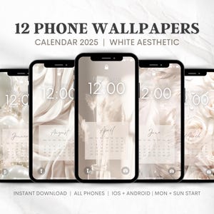 Sfondi del calendario del telefono 2025 / Sfondo del calendario della schermata di blocco per iPhone Sfondo estetico bianco Inizio della domenica + Sfondo di inizio del lunedì