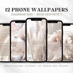 Sfondi del calendario del telefono 2025 / Calendario della schermata di blocco / Sfondo iPhone / Sfondo estetico beige / Inizio domenica + Inizio lunedì