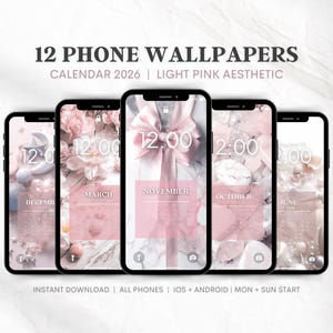 Fondos de pantalla del calendario del teléfono 2026 / Fondo de pantalla del calendario de bloqueo de iPhone Fondo estético rosa / Inicio en domingo + Inicio en lunes