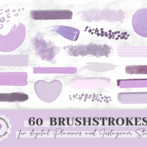 60 Brushstrokes Instagram | Brushes für digitale Planer | Instagram Brushes Sticker | Lila Story Sticker, Pastell lila Instagram Brushes PNG