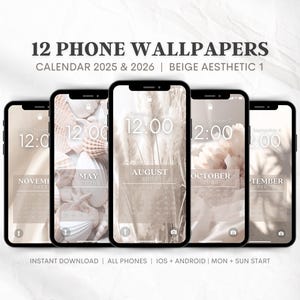 2025 & 2026 Phone Kalender Wallpapers | Lockscreen Calendar | iPhone Wallpaper Beige Aesthetic Hintergrund, Montag + Sonntag Start