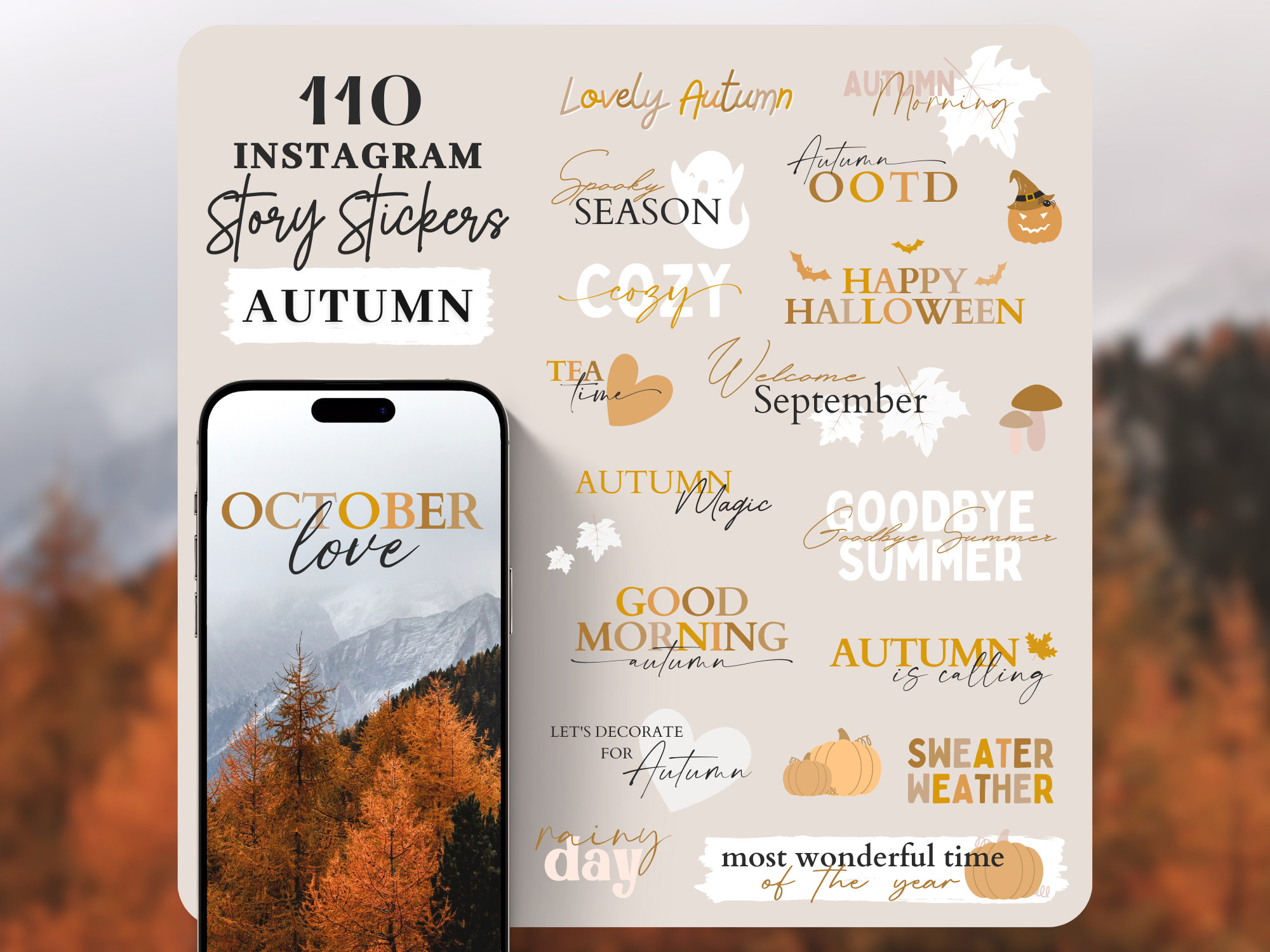 Instagram Story Stickers Autumn | Fall | Halloween | Calligraphy Lettering Storysticker Words | Daily | Pumpkin Story Stickers Leaves Fall