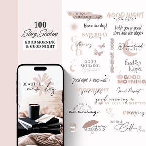 Naklejka na historię na Instagramie Dzień dobry i dobranoc | Gute Nacht | Guten Morgen | Kawa | Kalligraphie Lettering Storysticker Words, codziennie