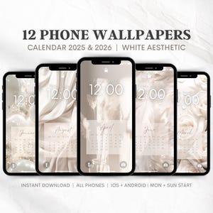 2025 2026 Phone Kalender Wallpapers | Lockscreen Calendar | iPhone Wallpaper weiß Aesthetic Hintergrund | Montag + Sonntag Start