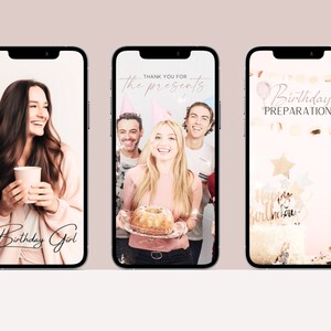 May include: Three images on a phone screen showing a birthday celebration. The first image shows a woman smiling and holding a pink cup. The text "Birthday Girl" is written in cursive on the screen. The second image shows three people smiling and holding a cake. The text "Thank you for the presents" is written on the screen. The third image shows a cake with a "Happy Birthday" topper and gold confetti. The text "Birthday Preparations" is written on the screen.