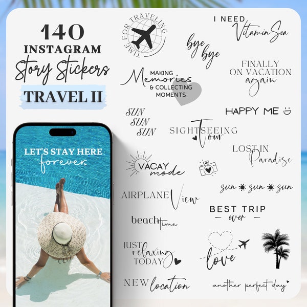 Instagram Story Sticker Reisen | Urlaub | Strand | Travel | Pool | Vacay | Vacation | Storysticker Wörter | Städtereisen | Wanderlust | Trip