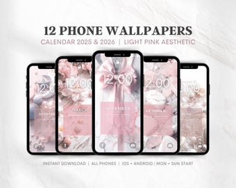 Phone Calendar Wallpapers 2025 2026 | Lockscreen Calendar iPhone Wallpaper Pink Aesthetic Background | Sunday Start + Monday Start Wallpaper